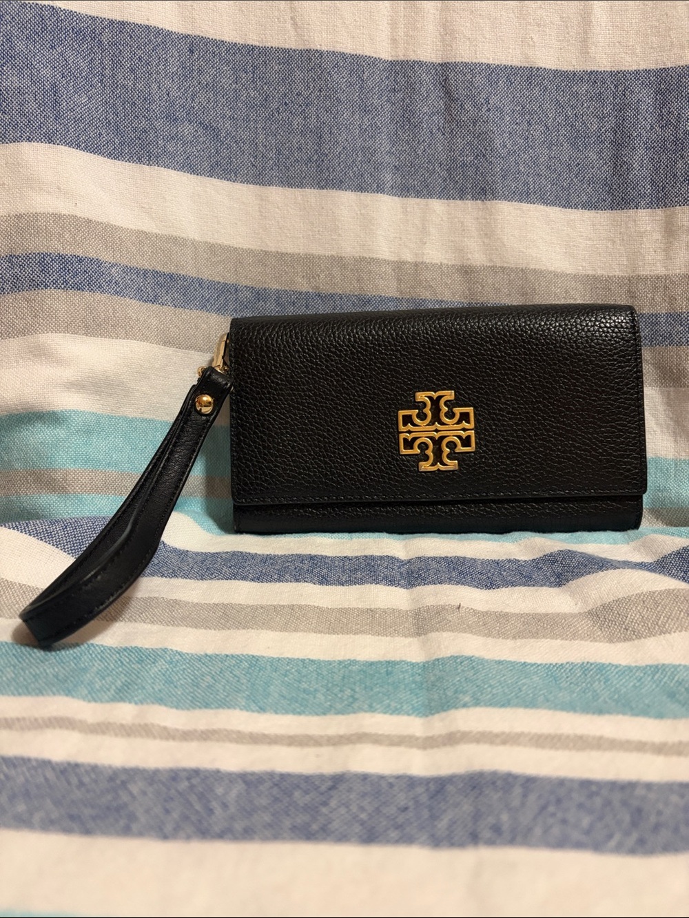 Tory Burch Black Leather Wristlet Wallet with Gold Logo